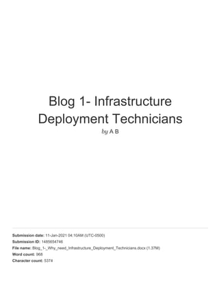 Blog 1- Infrastructure
Deployment Technicians
by A B
Submission date: 11-Jan-2021 04:10AM (UTC-0500)
Submission ID: 1485654746
File name: Blog_1-_Why_need_Infrastructure_Deployment_Technicians.docx (1.37M)
Word count: 968
Character count: 5374
 