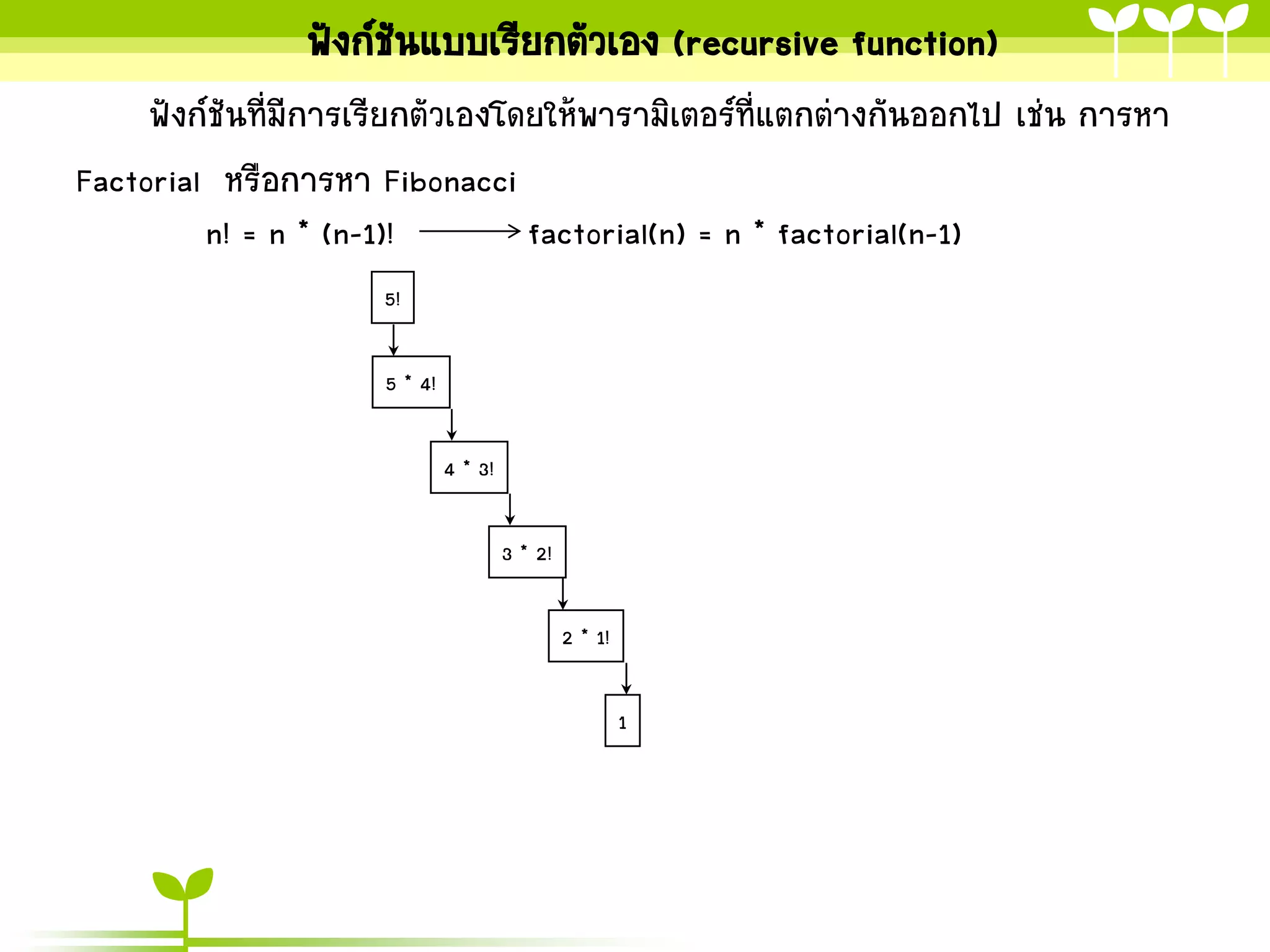 ฟังก์ชันแบบเรียกตัวเอง (recursive function)
ฟังก์ชันที่มีกำรเรียกตัวเองโดยให้พำรำมิเตอร์ที่แตกต่ำงกันออกไป เช่น กำรหำ
Factorial หรือกำรหำ Fibonacci
n! = n * (n-1)!
factorial(n) = n * factorial(n-1)
5!
5 * 4!
4 * 3!
3 * 2!
2 * 1!
1

 