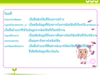 โดยที่
functionName
เป็นชื่อฟังก์ชันที่ต้องกำรสร้ำง
typeParameter_n เป็นชนิดข้อมูลที่ต้องกำรรับจำกฟังก์ชันที่เรียกใช้varName-n
เป็นชื่อตัวแปรที่ใช้รับข้อมูลจำกฟังก์ชันที่เรียกใช้งำน
typeReturn
เป็นชนิดข้อมูลที่ต้องกำรคืนค่ำกลับให้ฟังก์ชันที่เรียกใช้งำน
statements
เป็นชุดคำสั่งภำยในฟังก์ชัน
varNameReturn เป็นชื่อตัวแปรที่คืนค่ำกลับมำให้ฟังก์ชันที่เรียกใช้งำน
ซึ่งมีชนิดข้อมูลเดียวกันกับ

 
