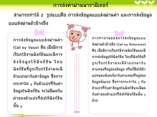 กำรส่งค่ำผ่ำนพำรำมิเตอร์
สำมำรถทำได้ 2 รูปแบบคือ กำรส่งข้อมูลแบบส่งผ่ำนค่ำ และกำรส่งข้อมูล
แบบส่งผ่ำนตัวอ้ำงอิง
กำรส่ ง ข้ อ มู ล แบบส่ ง ผ่ ำ นค่ ำ
(Call by Value) คือ เมื่อมีกำร
เรียกใช้งำนฟังก์ชันและมีกำร
ส่ ง ข้ อ มู ล ใ ห้ ฟั ง ก์ ชั น โ ด ย
ฟั ง ก์ ชั น ที่ ถู ก เรี ย กใช้ ง ำนจะมี
ตัวแปรมำรับค่ำข้อมูล ซึ่งกำร
กระทำใด ๆ กับตัวแปรที่รับค่ำ
ข้อมูลในฟังก์ชัน จะไม่มีผลกับ
ค่ ำของตัว แปรที่ส่ง ให้ฟั งก์ชั น
นั้น ๆ

กำรท ำงำนของกำรส่ ง ข้ อ มู ล แบบ
ส่งผ่ำนตัวอ้ำงอิง (Call by Reference)
คือ เมื่อมีกำรเรียกใช้งำนฟังก์ชันและมี
กำรส่งข้อมูลให้ฟังก์ชัน โดยที่ฟังก์ชันที่
ถู ก เรี ย กใช้ ง ำนจะมี ตั ว แปรมำรั บ
ตำแหน่งที่อยู่ของข้อมูล หรือก็คือใช้ตัว
แปรพอยน์เตอร์มำรับตำแหน่งที่อยู่ของ
ข้อมูลนั่นเอง ซึ่งกำรกระทำใด ๆ กับ
ตัวแปรที่รับค่ำข้อมูลในฟังก์ชันจะมีผล
กับค่ำของตัวแปรที่ส่งให้ฟังก์ชันนั้น ๆ
ดัวย

 