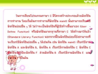 ในกำรเขียนโปรแกรมภำษำ C มีโครงสร้ำงประกอบด้วยฟังก์ชัน
กำรทำงำน โดยเริ่มต้นกำรทำงำนที่ฟังก์ชัน main() นั้นสำมำรถเรียกใช้
ฟังก์ชันย่อยอื่น ๆ ได้ ไม่ว่ำจะเป็นฟังก์ชันที่ผู้ใช้สร้ำงขึ้นมำเอง (User Define Function) หรือฟังก์ชันมำตรฐำนที่ภำษำ C ได้สร้ำงมำให้แล้ว
(Standard Library Function) นอกจำกนี้ในฟังก์ชันย่อยก็ยังสำมำรถที่
จะเรียกใช้ฟังก์ชันย่อยอื่น ๆ ได้เช่นกัน เช่น ฟังก์ชัน main() เรียกใช้งำน
ฟังก์ชัน A และฟังก์ชัน B, ฟังก์ชัน A เรียกใช้งำนฟังก์ชัน C ฟังก์ชัน C
ฟังก์ชัน D และฟังก์ชัน F ส่วนฟังก์ชัน B เรียกใช้งำนฟังก์ชัน E และ
ฟังก์ชัน F เป็นต้น

 