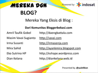 Mereka dgn
    BLOG?
               Mereka Yang Eksis di Blog :
               Dari Komunitas Bloggerbekasi.com
Amril Taufik Gobel      http://daengbattala.com
Masim Vavai Sugianto    http://vavai.com
Irma Susanti            http://irmasenja.com
Mira Sahid              http://ayankmira.blogspot.com
Eko Sutrino HP          http://eshape.wordpress.com
Dian Kelana             http://diankelana.web.id

                                           Presented by. @yulefdian
 