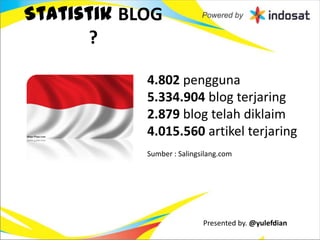 Statistik BLOG
      ?

            4.802 pengguna
            5.334.904 blog terjaring
            2.879 blog telah diklaim
            4.015.560 artikel terjaring
            Sumber : Salingsilang.com




                            Presented by. @yulefdian
 