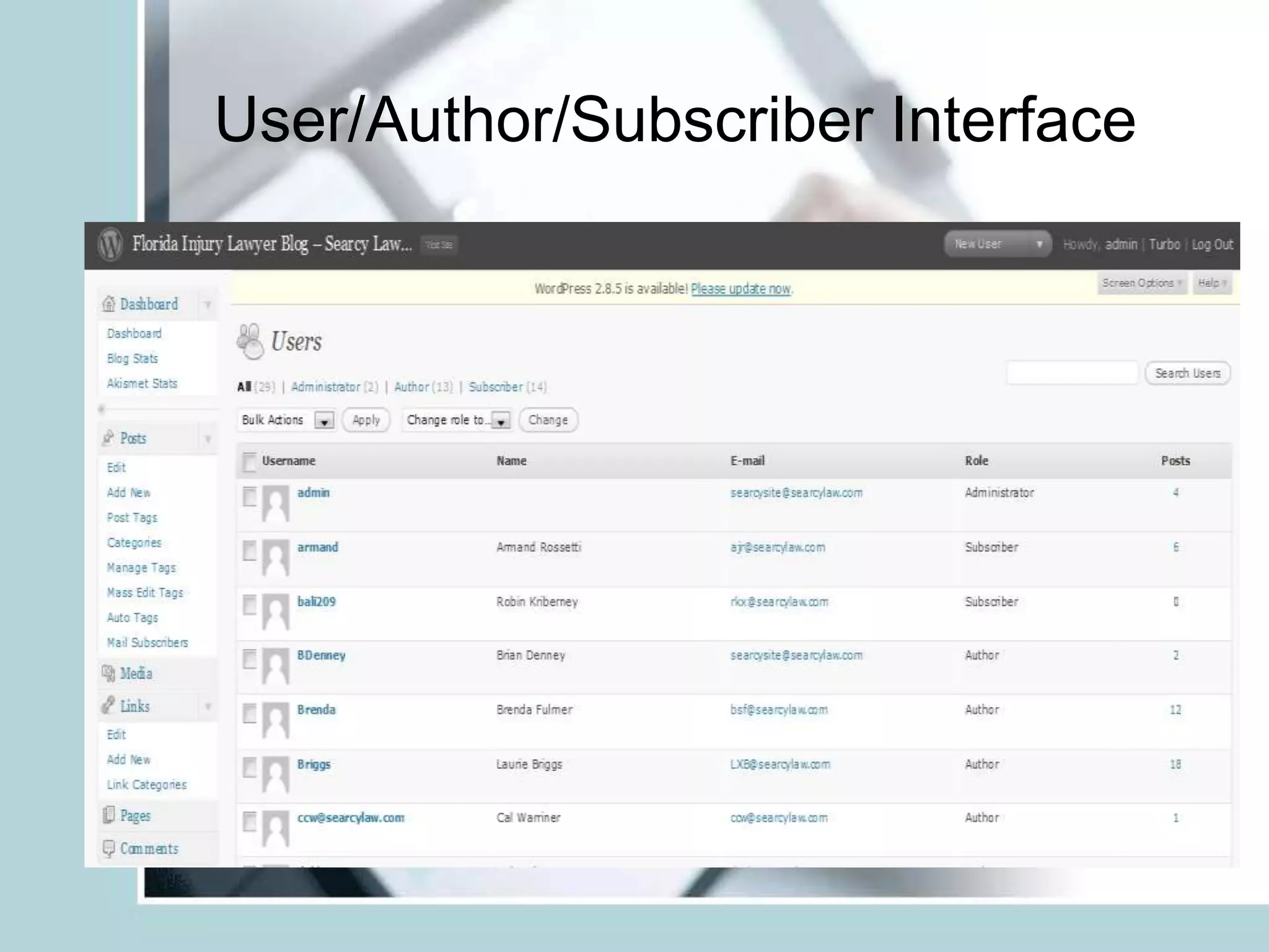 User/Author/Subscriber Interface