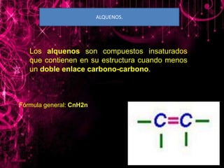ALQUENOS.

Los alquenos son compuestos insaturados
que contienen en su estructura cuando menos
un doble enlace carbono-carbono.

Fórmula general: CnH2n

 
