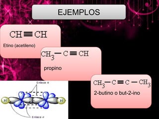 EJEMPLOS

Etino (acetileno)

propino

2-butino o but-2-ino

 