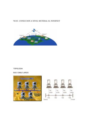 WAN : CONECCION A NIVEL MUNDIAL EL INTERNET
TOPOLOGIA
BUS: CABLE LARGO