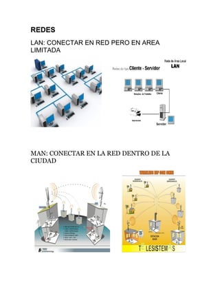 REDES
LAN: CONECTAR EN RED PERO EN AREA
LIMITADA




MAN: CONECTAR EN LA RED DENTRO DE LA
CIUDAD
 