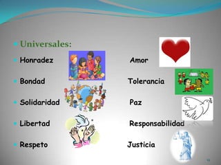 Universales:Honradez                        AmorBondad                          ToleranciaSolidaridad                      PazLibertad                         ResponsabilidadRespeto                         Justicia19