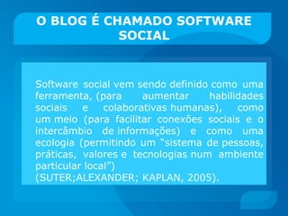 O BLOG É CHAMADO SOFTWARE SOCIAL Software social vem sendo definido como uma ferramenta, (para aumentar habilidades sociais e colaborativas humanas), como um meio (para facilitar conexões sociais e o intercâmbio de informações) e como uma ecologia (permitindo um “sistema de pessoas, práticas, valores e tecnologias num ambiente particular local”) (SUTER;ALEXANDER; KAPLAN, 2005). 