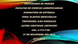 UNIVERSIDAD DE PANAMÁ 
FACULTAD DE CIENCIAS AGROPECUARIAS 
ASIGNATURA DE BOTÁNICA 
TEMA: PLANTAS MEDICINALES 
PROFESORA: ILKA GONZALES 
AUTOR: CRISTHIAN JUSTAVINO 
CDL: 4-774-1780 
27 DE NOVIEMBRE DEL 2014 
27/11/2012 
 