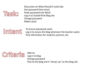 Discussion on What Should It Look Like.
Get password from email
Paste password into Word
Log in to Tyndall Park Blog site
Change password
Make a post


 To ensure passwords work
 Log in to access the blog whenever the teacher wants
 Post information for students, parents, etc.




   Able to:
   Log in to blog
   Change password
   Post to the blog and it “shows up” on the blog site.
 