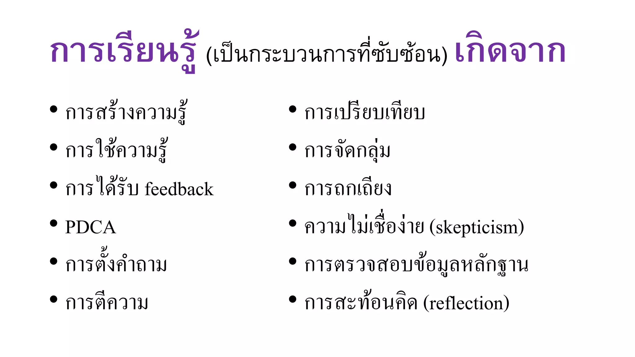 การเรียนรู้ (เป็นกระบวนการที่ซับซ้อน) เกิดจาก
• การสร้างความรู้
• การใช้ความรู้
• การได้รับ feedback
• PDCA
• การตั้งคาถาม
• การตีความ
• การเปรียบเทียบ
• การจัดกลุ่ม
• การถกเถียง
• ความไม่เชื่อง่าย (skepticism)
• การตรวจสอบข้อมูลหลักฐาน
• การสะท้อนคิด (reflection)
 