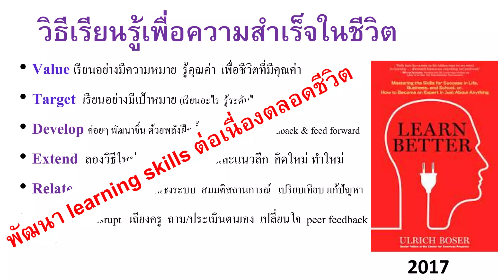 วิธีเรียนรู้เพื่อความสาเร็จในชีวิต
• Value เรียนอย่างมีความหมาย รู้คุณค่า เพื่อชีวิตที่มีคุณค่า
• Target เรียนอย่างมีเป้าหมาย (เรียนอะไร รู้ระดับไหน) มีแผน
• Develop ค่อยๆ พัฒนาขึ้น ด้วยพลังฝึกซ้าๆ และ targeted feedback & feed forward
• Extend ลองวิธีใหม่ ขยายแนวกว้าง และแนวลึก คิดใหม่ ทาใหม่
• Relate หาความสัมพันธ์ คิดเชิงระบบ สมมติสถานการณ์ เปรียบเทียบ แก้ปัญหา
• Rethink disrupt เถียงครู ถาม/ประเมินตนเอง เปลี่ยนใจ peer feedback
reflect
2017
 