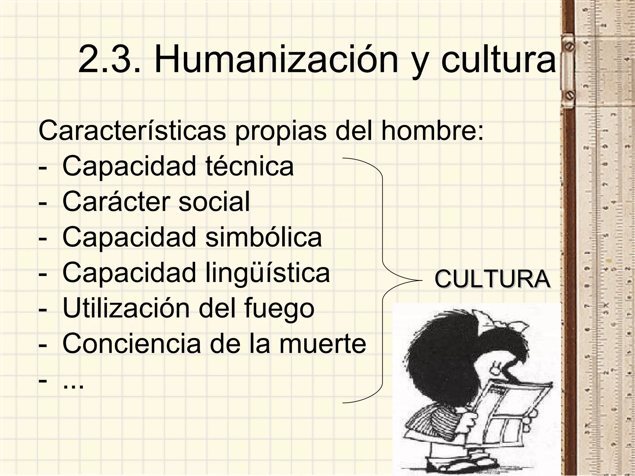 2.3. Humanización y cultura Características propias del hombre: Capacidad técnica Carácter social Capacidad simbólica Capacidad lingüística Utilización del fuego Conciencia de la muerte ... CULTURA 