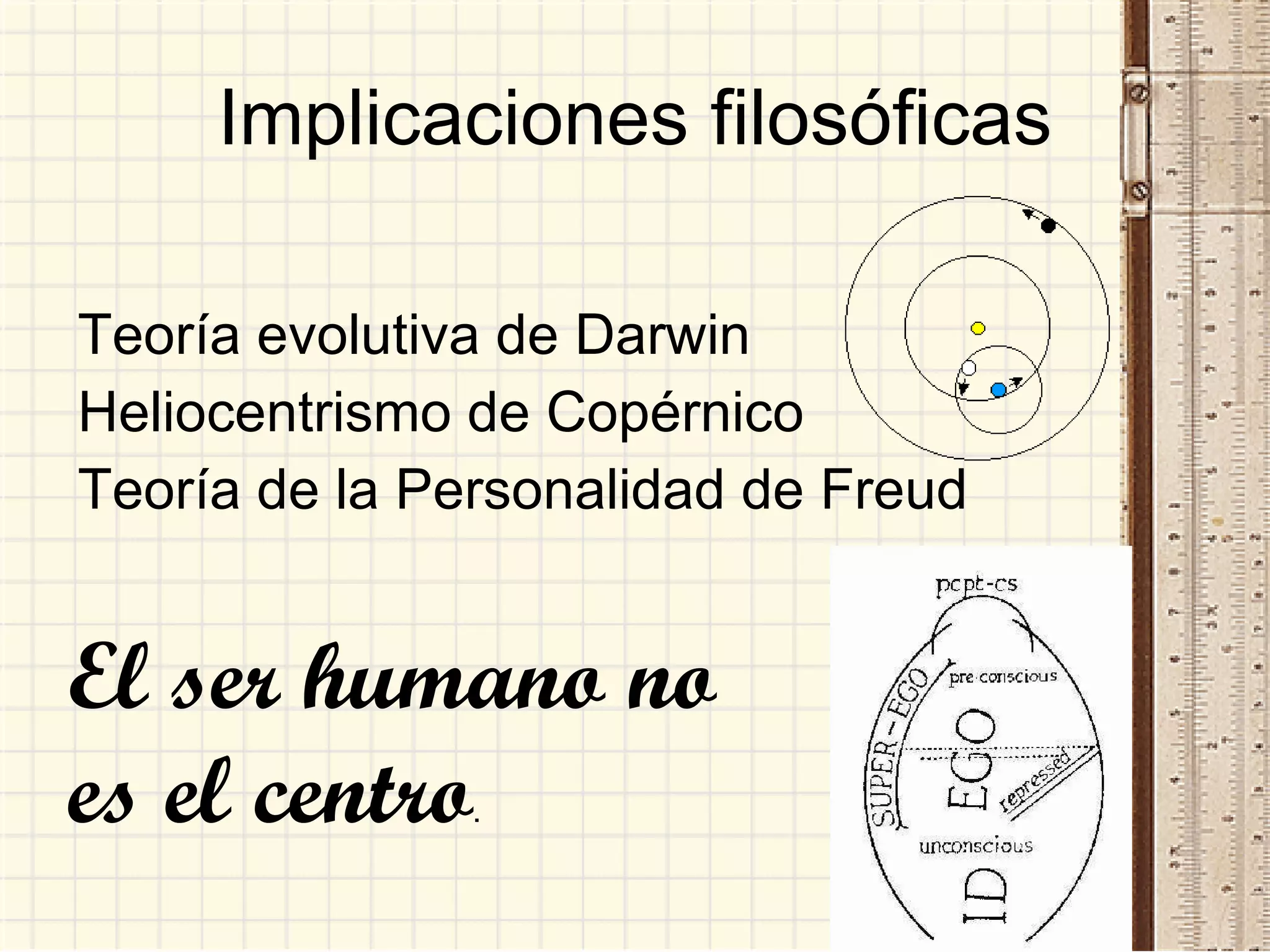 Implicaciones filosóficas Teoría evolutiva de Darwin Heliocentrismo de Copérnico Teoría de la Personalidad de Freud El ser humano no es el centro . 
