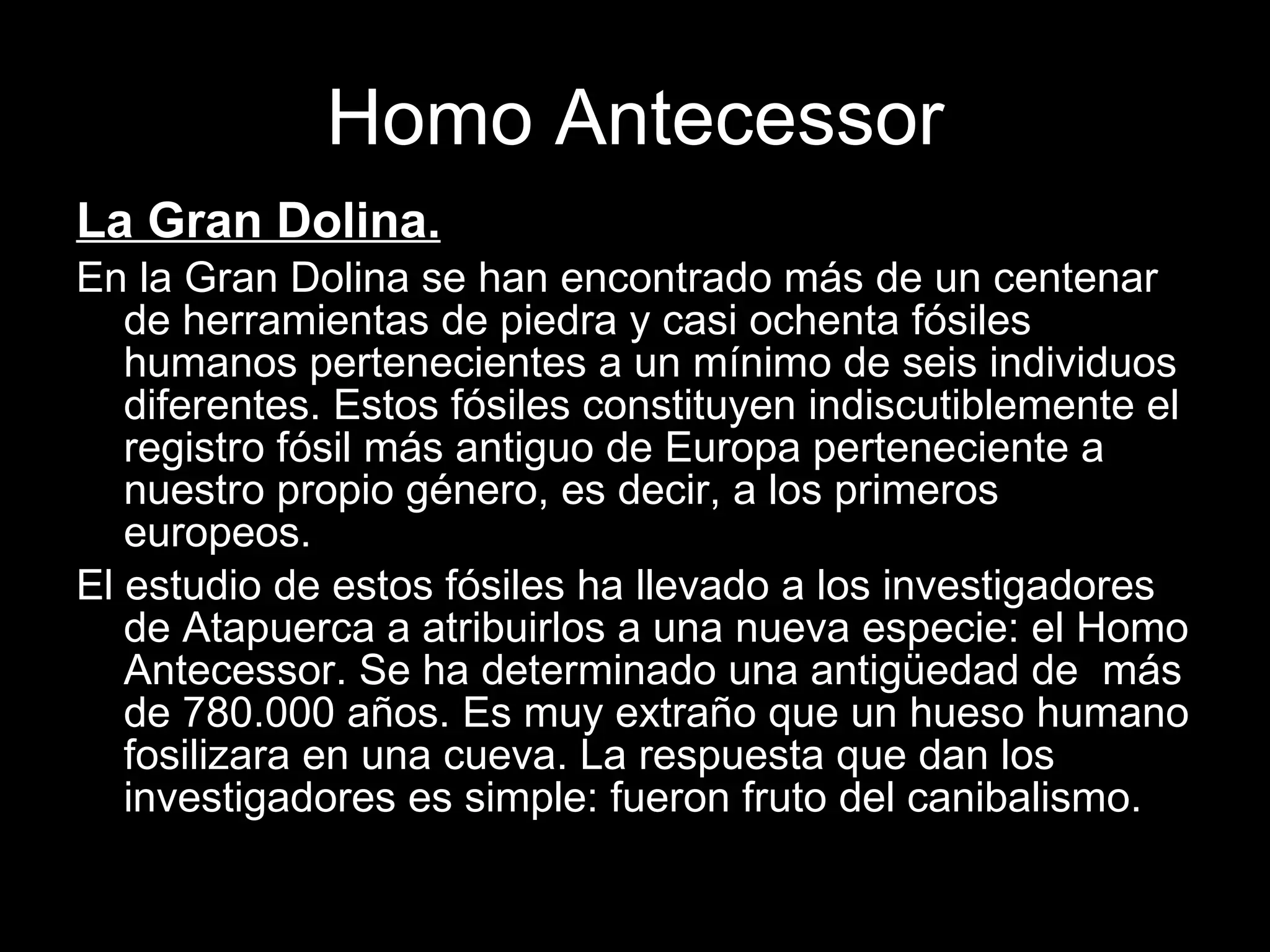 Homo Antecessor La Gran Dolina.   En la Gran Dolina se han encontrado más de un centenar de herramientas de piedra y casi ochenta fósiles humanos pertenecientes a un mínimo de seis individuos diferentes. Estos fósiles constituyen indiscutiblemente el registro fósil más antiguo de Europa perteneciente a nuestro propio género, es decir, a los primeros europeos. El estudio de estos fósiles ha llevado a los investigadores de Atapuerca a atribuirlos a una nueva especie: el Homo Antecessor. Se ha determinado una antigüedad de  más de 780.000 años. Es muy extraño que un hueso humano fosilizara en una cueva. La respuesta que dan los investigadores es simple: fueron fruto del canibalismo. 