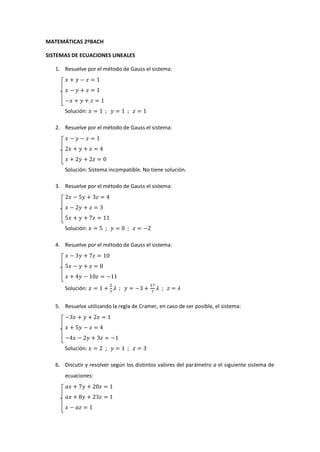 MATEMÁTICAS 2ºBACH
SISTEMAS DE ECUACIONES LINEALES
1. Resuelve por el método de Gauss el sistema:

Solución:
2. Resuelve por el método de Gauss el sistema:

Solución: Sistema incompatible. No tiene solución.
3. Resuelve por el método de Gauss el sistema:

Solución:
4. Resuelve por el método de Gauss el sistema:

Solución:
5. Resuelve utilizando la regla de Cramer, en caso de ser posible, el sistema:

Solución:
6. Discutir y resolver según los distintos valores del parámetro a el siguiente sistema de
ecuaciones:

 