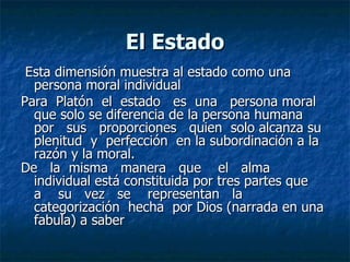 El Estado Esta dimensión muestra al estado como una persona moral individual  Para  Platón  el  estado  es  una  persona moral que solo se diferencia de la persona humana  por  sus  proporciones  quien  solo alcanza su plenitud  y  perfección  en la subordinación a la razón y la moral. De  la  misma  manera  que  el  alma individual está constituida por tres partes que  a  su  vez  se  representan  la categorización  hecha  por Dios (narrada en una fabula) a saber   