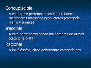 Concupiscible  A esta parte pertenecen los comerciantes mercaderes artesanos productores (categoría hierro y bronce)  Irascible  A esta parte corresponde los hombres de armas (categoría plata)  Racional  A los filósofos, clase gobernante categoría oro  