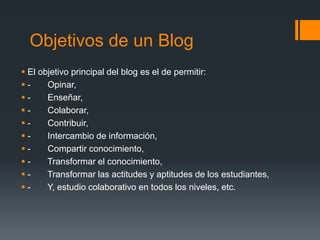 Objetivos de un Blog
 El objetivo principal del blog es el de permitir:
-     Opinar,
-     Enseñar,
-     Colaborar,
-     Contribuir,
-     Intercambio de información,
-     Compartir conocimiento,
-     Transformar el conocimiento,
-     Transformar las actitudes y aptitudes de los estudiantes,
-     Y, estudio colaborativo en todos los niveles, etc.
 