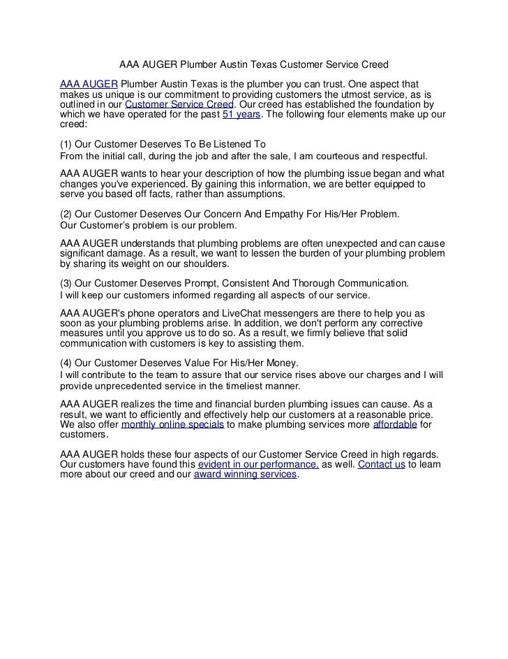 AAA AUGER Plumber Austin Texas Customer Service Creed