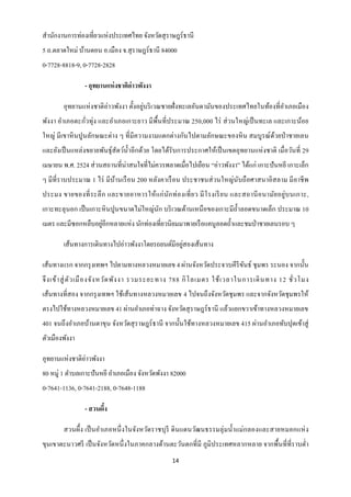 สานักงานการท่องเที่ยวแห่งประเทศไทย จังหวัดสุ ราษฎร์ ธานี
5 ถ.ตลาดใหม่ บ้านดอน อ.เมือง จ.สุ ราษฎร์ธานี 84000
0-7728-8818-9, 0-7728-2828

                - อุทยานแห่ งชาติอ่าวพังงา

        อุทยานแห่ งชาติอ่าวพังงา ตั้งอยูบริ เวณชายฝั่ งทะเลอันดามันของประเทศไทยในท้องที่อาเภอเมือง
                                        ่
พังงา อาเภอตะกัวทุ่ง และอาเภอเกาะยาว มีพ้ืนที่ประมาณ 250,000 ไร่ ส่ วนใหญ่เป็ นทะเล และเกาะน้อย
               ่
ใหญ่ มีเขาหิ นปูนลักษณะต่าง ๆ ที่มีความงามแตกต่างกันไปตามลักษณะของหิ น สมบูรณ์ ดวยป่ าชายเลน
                                                                                ้
และยังเป็ นแหล่งขยายพันธุ์สัตว์น้ าอีกด้วย โดยได้รับการประกาศให้เป็ นเขตอุทยานแห่ งชาติ เมื่อวันที่ 29
เมษายน พ.ศ. 2524 ส่ วนสถานที่น่าสนใจที่ไม่ควรพลาดเมื่อไปเยือน “อ่าวพังงา” ได้แก่ เกาะปั นหยี เกาะเล็ก
ๆ มีที่ราบประมาณ 1 ไร่ มีบานเรื อน 200 หลังคาเรื อน ประชาชนส่ วนใหญ่นับถื อศาสนาอิสลาม มี อาชี พ
                          ้
ประมง ขายของที่ ระลึ ก และขายอาหารให้ แก่ นัก ท่ องเที่ ย ว มี โ รงเรี ย น และสถานี อ นามัย อยู่บ นเกาะ,
เกาะทะลุนอก เป็ นเกาะหิ นปูนขนาดไม่ใหญ่นก บริ เวณด้านเหนื อของเกาะมีถ้ าลอดขนาดเล็ก ประมาณ 10
                                        ั
                    ่
เมตร และมีซอกหลืบอยูอีกหลายแห่ง นักท่องเที่ยวนิยมมาพายเรื อแคนูลอดถ้ าและชมป่ าชายเลนรอบ ๆ

                                                  ่
        เส้นทางการเดินทางไปอ่าวพังงาโดยรถยนต์มีอยูสองเส้นทาง

เส้นทางแรก จากกรุ งเทพฯ ไปตามทางหลวงหมายเลข 4 ผ่านจังหวัดประจวบคีรีขนธ์ ชุ มพร ระนอง จากนั้น
                                                                    ั
จึ ง เข้ า สู่ ตั ว เมื อ งจั ง หวัด พัง งา รวมระยะทาง 788 กิ โ ลเมตร ใช้ เ วลาในการเดิ น ทาง 12 ชั่ ว โมง
เส้นทางที่สอง จากกรุ งเทพฯ ใช้เส้นทางหลวงหมายเลข 4 ไปจนถึงจังหวัดชุมพร และจากจังหวัดชุมพรให้
ตรงไปใช้ทางหลวงหมายเลข 41 ผ่านอาเภอท่าฉาง จังหวัดสุ ราษฎร์ ธานี แล้วแยกขวาเข้าทางหลวงหมายเลข
401 จนถึงอาเภอบ้านตาขุน จังหวัดสุ ราษฎร์ ธานี จากนั้นใช้ทางหลวงหมายเลข 415 ผ่านอาเภอทับปุดเข้าสู่
ตัวเมืองพังงา

               ่
อุทยานแห่งชาติอาวพังงา
80 หมู่ 1 ตาบลเกาะปันหยี อาเภอเมือง จังหวัดพังงา 82000
0-7641-1136, 0-7641-2188, 0-7648-1188

                - สวนผึง
                       ้

        สวนผึ้ง เป็ นอาเภอหนึ่ งในจังหวัดราชบุ รี ดิ นแดนวัฒนธรรมลุ่ มน้ าแม่กลองและสายหมอกแห่ ง
ขุนเขาตะนาวศรี เป็ นจังหวัดหนึ่ งในภาคกลางด้านตะวันตกที่มี ภูมิประเทศหลากหลาย จากพื้นที่ที่ราบต่ า
                                                   14
 