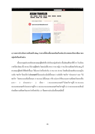 4.3 ผลการประเมินความพึงพอใจ Blog 5 สถานที่ท่องเที่ยวยอดนิยมในแต่ ละประเทศสมาชิ กอาเซียน ของ
กลุ่มนักเรียนตัวอย่ าง

        เนื่องจากจุดประสงค์ของทางคณะผูจดทาคือ นักเรี ยนกลุ่มตัวอย่าง ชั้นมัธยมศึกษาปี ที่ 5/5 โรงเรี ยน
                                      ้ั
ราชวินิต มัธยม ทั้ง 30 คน (ไม่รวมผูจดทา) โดยแบ่งเป็ น ชาย 13 คน หญิง 17 คน มีความพึงพอใจกับ Blog ที่
                                   ้ั
ทางคณะผูจดทาได้จดทาขึ้ นมา ได้มากกว่าหรื อเท่ากับ 15 คน จาก 30 คน โดยต้องมีเกณฑ์คะแนนอยู่ใน
        ้ั      ั
ระดับ "พอใจ" จึงจะถือว่า ผ่ านเกณฑ์ ซึ่ งแบบประเมินมีท้ งหมด 3 ระดับคือ "พอใจ" "ปานกลาง" และ "ไม่
                                                        ั
พอใจ" โดยคะแนนเต็มทั้งหมด 15 คะแนน มี ท้ งหมด 5 ข้อ แบ่งการให้คะแนนความพึงพอใจออกเป็ น
                                         ั
มาก =       3     ปานกลาง =       2     น้อ ย =    1 คะแนนของเกณฑ์ " ไม่ พ อใจ"อยู่ ที่ 5-8 คะแนน
                         ่                                    ่
คะแนนของเกณฑ์"ปานกลาง"อยูที่ 9-11 คะแนน คะแนนของเกณฑ์"พอใจ"อยูที่ 12-15 คะแนนและจะต้องมี
ค่าเฉลี่ยความพึงพอใจมากกว่าหรื อเท่ากับ 1.8 ซึ่ งผลการประเมินทั้งหมดมีดงนี้
                                                                       ั




                                                  45
 