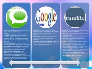 2002: Aparece Technorati como primer gran          2003 (Mar): Durante la guerra de Irak, un          2004 (Ene): Steve Garfiels puede presumir de ser
motor de búsqueda de blogs.                        blogger iraquí (que se hacía llamar “Salam Pax”)   el creador del primer videoblog .
                                                   consigue por primera vez lectores a nivel          •2004 (Dic): Merriam-Webster proclama “blog”
•2002 (Feb): Se utiliza por primera vez el verbo
                                                   mundial.                                            la palabra del año.
 “Dooced” que es la palabra que se utiliza
 cuando despiden a alguien por                     •2003 (May): Podemos encontrar la primera          •2005 (Dic): se alcanza la cifra de 100 millones
 bloguear, “gracias” a que Heather Amstrong         versión oficial de WordPress lista para            de dólares que provienen únicamente de
 opinó sobre su puesto de trabajo en su blog        descargar.                                         anuncios en blogs.
 personal.                                         •2003 (Jun): Google lanza Adsense, y hasta éste    •2006: Ya existen más de 50 millones de blogs
•2002 (Ago): Blogadds se convierte en la            momento nunca se había relacionado la              en la red de acuerdo con Technorati. Un año
 primera plataforma de publicidad para blogs.       temática de los anuncios con el                    más tarde, la cifra ya era de 116.000.000.
•2002 (Ago): Nace Gizmodo, de la mano de                                                              •2007: Tumblr ve la luz del sol y es la primera
 Nick Denton, y se convertiría en el primer                                                            plataforma de microblogging de cierta
 gran imperio del mundo de los blogs.                                                                  importancia de la historia en la que los usuarios
•2002 (Ago): Nace2002 (Ago): Nace                                                                      podían compartir contenido entre sí.
 Gizmodo, de la mano de Nick Denton, y se                                                             •2010 (Dic): 4 años más tarde del último
 convertiría en el primer gran imperio del                                                             recuento en ésta cronología, se alcalzan casi los
 mundo de los blogs.2003 (Feb): Google compra                                                          160 millones de blogs en el mundo.
 Blogger con más de 1.000.000 de usuarios
 registrados (solo una quinta parte activos).
 