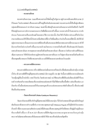 2.2.2 แหล่งข้อมูลประเทศพม่า
                 - ทะเลสาบอินเล

        ทะเลสาบอินเล (Inle Lake)เป็ นทะเลสาบน้ าจืดตั้งอยู่ในรัฐฉาน อยูห่างจากเมืองตองยีประมาณ 25
                                                                       ่
                                                                                          ่
กิโลเมตร ในประเทศพม่า เป็ นทะเลสาบที่ใหญ่เป็ นอันดับสองของพม่า ทะเลสาบแห่ งนี้ เป็ นที่อยูอาศัยของ
กลุ่มชนที่เรี ยกตนเองว่า ชาวอินทา (Intha) ชนเผ่านี้ อาศัยอยูในทะเลสาบอินเลมานานนับร้อยปี แล้ว โดยใช้
                                                            ่
ชี วิตอยู่ท่ามกลางการทาการเกษตรบนเกาะวัชพืชที่พวกเขาสร้ างขึ้นมา เองกลางลาน้ าในทะเลสาบ การทา
ประมง ในทะเลสาบเป็ นเอกลัก ษณ์ โดยเฉพาะวิธี การหาปลานั้น เรี ยกได้ว่า ไม่มี ชาวประมงที่ ใดในโลก
                                                          ่                            ั            ่
สามารถเลียนแบบได้ นี่คือหนึ่งในสถานที่มหัศจรรย์ที่ควรไปเยียมเยือน ส่ วนในเรื่ องของที่พกนั้น จัดได้วามี
อยูหลากหลายมาก เนื่องมาจากบรรยากาศที่ค่อนข้างเย็นสบายและทัศนี ยภาพทะเลสาบที่สวยงามมาก ทาให้
   ่
มี บรรดารี ส อร์ ตต่ างๆก่ อสร้ า งขึ้ นมากมายบริ เวณโดยรอบ การพายเรื อด้วยเท้า เป็ นลักษณะอันโดดเด่ น
เฉพาะตัวของชาวอินตา สาเหตุของการพายเรื อด้วยเท้าของชาวอินตา เป็ นเพราะว่าปรับการดารงค์ชีวิตและ
เพิ่มความสะดวก ให้เข้ากับหลักทางภูมิศาสตร์ ของทะเลสาปอินเล การไปดูชาวอินตาพายเรื อด้วยเท้าอาจ
เป็ นเหตุผลต้นๆของการไปเที่ยวทะเลสาบอิน เล แต่วถีชีวตและธรรมชาติแบบโรแมนติก
                                               ิ ิ

                 - พระมหาเจดีย์ชเวดากอง

        พระมหาเจดียชเวดากอง หรื อ เจดียทองแห่งเมืองดากองหรื อตะเกิง (ชื่อเดิมของเมืองย่างกุง) แห่ งลุ่ม
                   ์                   ์                                                   ้
น้ าอิระวดี มหาเจดี ยที่ใหญ่ที่สุดของประเทศพม่า มีความสู งถึง 326 ฟุต วันนี้ มหาเจดี ยชเวดากองมีทองคา
                      ์                                                               ์
โอบหุ ้มอยู่เป็ นน้ าหนักถึ ง 1100 กิ โลกรัม โดยช่ างชาวพม่า จะใช้ทองคาแท้ตีเป็ นแผ่นปิ ดองค์เจดี ยไว้รอบ
                                                                                                   ์
องค์ หากสังเกตในรายละเอียดจะเห็นรอบต่อของแผ่นทองคา ซึ่ งมิได้ผสานเป็ นเนื้อเดียว แต่จะเป็ นแผ่นๆ มา
เรี ยกกัน ครั้งเมื่ อแผ่นทองหมองคล้ าก็จะถอดหมุ ดแล้วแกะแผ่นทองออกมาขัดล้างปี ละครั้ง เป็ นประเพณี
สื บเนื่องกันมาตลอด

                 - วัดมหากันดายงค์ (Maha Gandayon Monastery)

        วัดมหากันดายงค์เป็ นวัดใหญ่ที่สุดของพม่าที่เมืองอมรปุระ ซึ่ งในช่วงเพลจะมีภิกษุสงฆ์นบร้อยรู ป
                                                                                            ั
เดินเรี ยงแถวด้วยอาการสารวมเพื่อรับ อาหารพระพุทธมหามุนี (Mahamui Pagoda )หรื อรู ้จกกันในนามพระ
                                                                                   ั
ล้างหน้า ที่มีความงดงามตามศิลปกรรมพม่าที่มีลกษณะเป็ นพระพุทธรู ปสาริ ดปิ ดทอง ที่อยูคู่บานคู่เมืองมา
                                            ั                                       ่ ้
ช้ า นานที่ ส ร้ า งขึ้ นราว ปี พ.ศ 2327 เป็ นสถานที่ ที่ ส าคัญ รองจากพระธาตุ เ ชเวดากองในกรุ งย่ า งกุ้ ง
พระราชวังมัณฑะเลย์ของพระเจ้ามินดงและกษัตริ ย ์ สี ป่อ พระเจ้าแผ่นดินองค์สุดท้าย

                                                    11
 