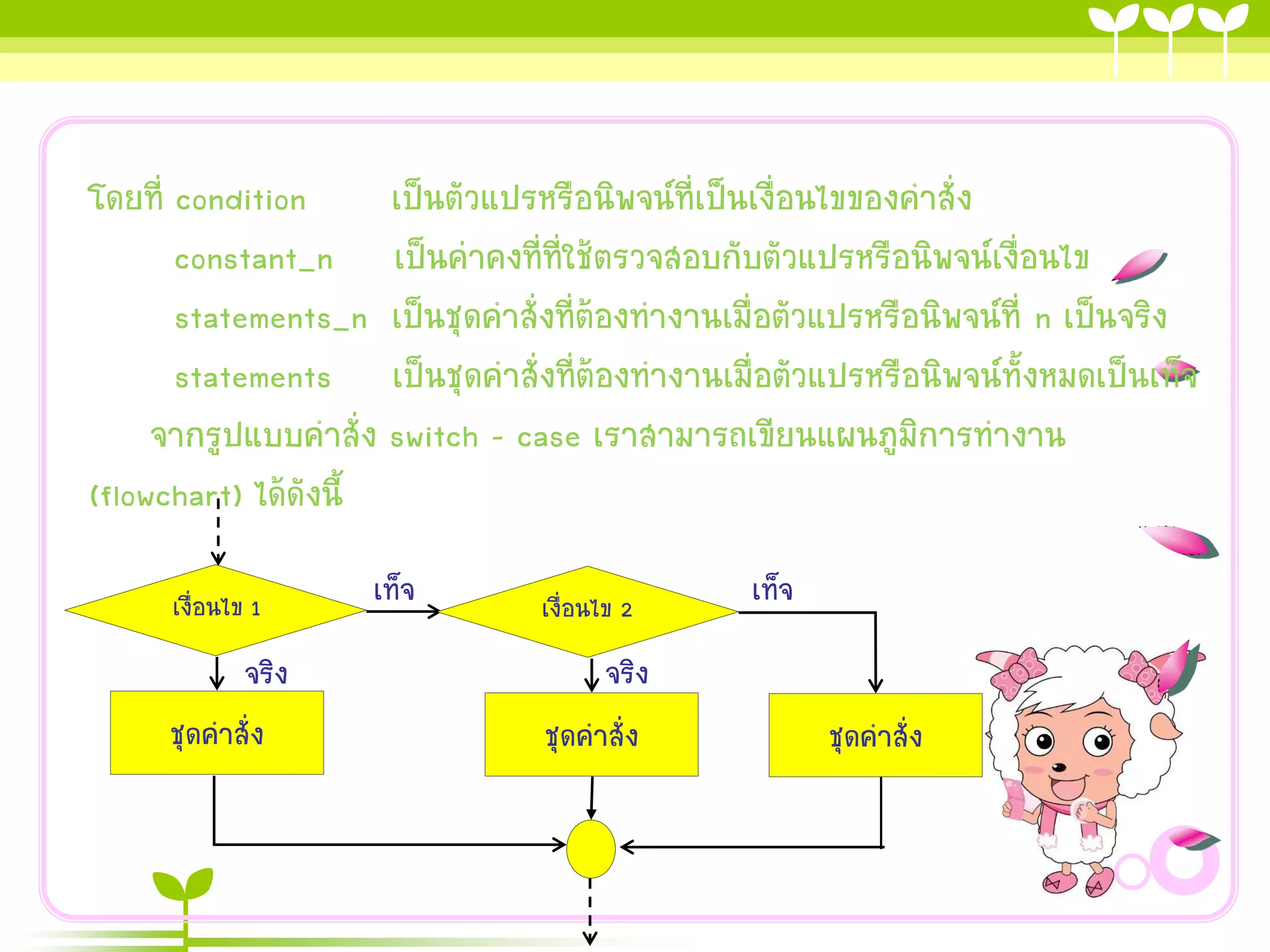 โดยที่ condition      เป็นตัวแปรหรือนิพจน์ที่เป็นเงื่อนไขของคาสั่ง
       constant_n เป็นค่าคงที่ท่ใช้ตรวจสอบกับตัวแปรหรือนิพจน์เงื่อนไข
                                 ี
       statements_n เป็นชุดคาสั่งที่ต้องทางานเมื่อตัวแปรหรือนิพจน์ที่ n เป็นจริง
       statements เป็นชุดคาสั่งที่ต้องทางานเมื่อตัวแปรหรือนิพจน์ทั้งหมดเป็นเท็จ
     จากรูปแบบคาสั่ง switch – case เราสามารถเขียนแผนภูมิการทางาน
(flowchart) ได้ดังนี้

      เงื่อนไข 1    เท็จ        เงื่อนไข 2     เท็จ
           จริง                      จริง
     ชุดคาสั่ง                  ชุดคาสั่ง             ชุดคาสั่ง
 