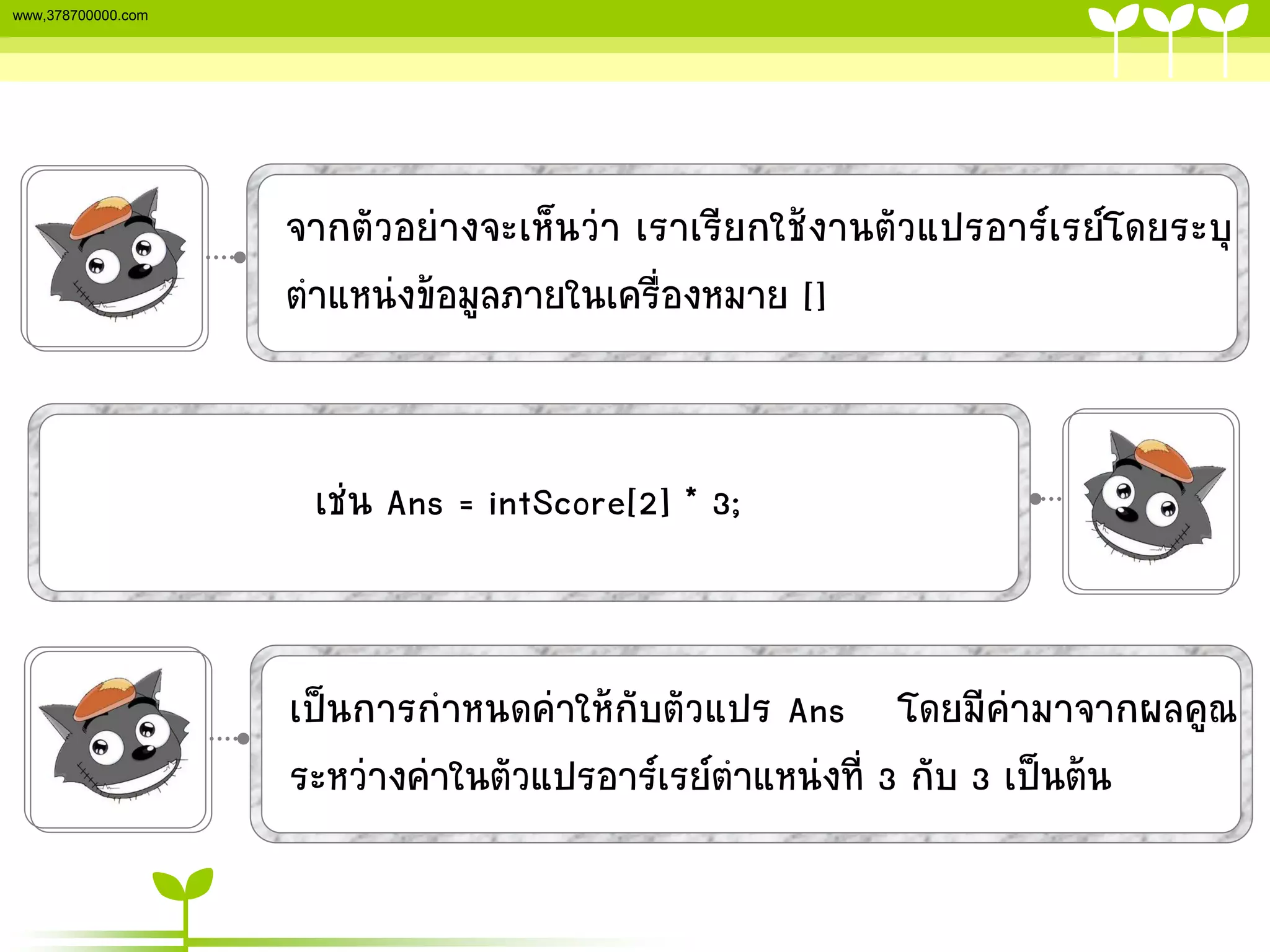 www,378700000.com




                    จากตัวอย่างจะเห็นว่า เราเรียกใช้งานตัวแปรอาร์เรย์โดยระบุ
                    ตาแหน่งข้อมูลภายในเครื่องหมาย []


                     เช่น Ans = intScore[2] * 3;


                    เป็นการกาหนดค่าให้กับตัวแปร Ans โดยมีค่ามาจากผลคูณ
                    ระหว่างค่าในตัวแปรอาร์เรย์ตาแหน่งที่ 3 กับ 3 เป็นต้น
 