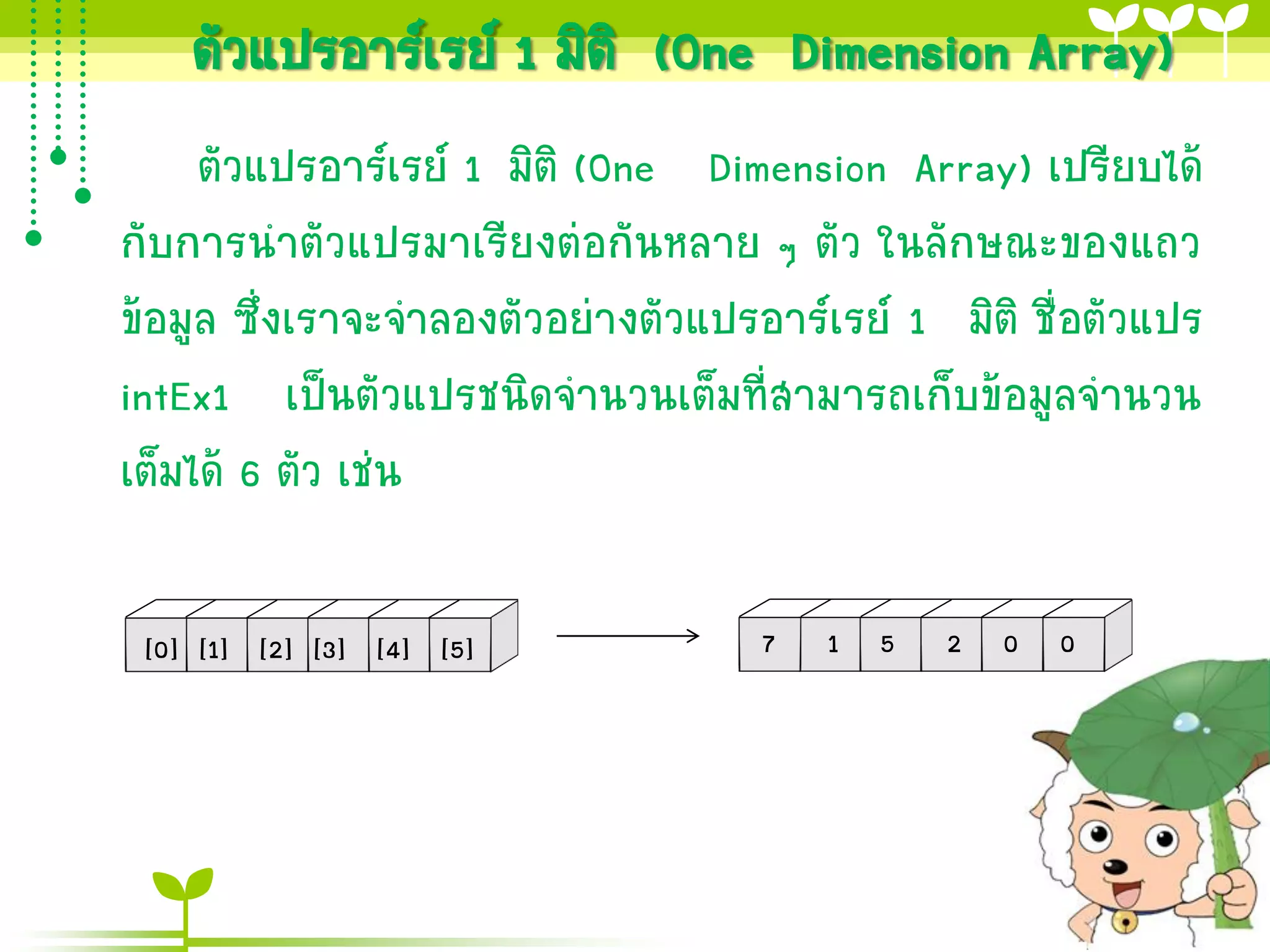 ตัวแปรอาร์เรย์ 1 มิติ (One Dimension Array)
     ตัวแปรอาร์เรย์ 1 มิติ (One Dimension Array) เปรียบได้
กับการนาตัวแปรมาเรียงต่อกันหลาย ๆ ตัว ในลักษณะของแถว
ข้อมูล ซึ่งเราจะจาลองตัวอย่างตัวแปรอาร์เรย์ 1 มิติ ชื่อตัวแปร
intEx1 เป็นตัวแปรชนิดจานวนเต็มที่สามารถเก็บข้อมูลจานวน
เต็มได้ 6 ตัว เช่น

 [0] [1] [2] [3] [4] [5]            7   1 5   2 0 0
 