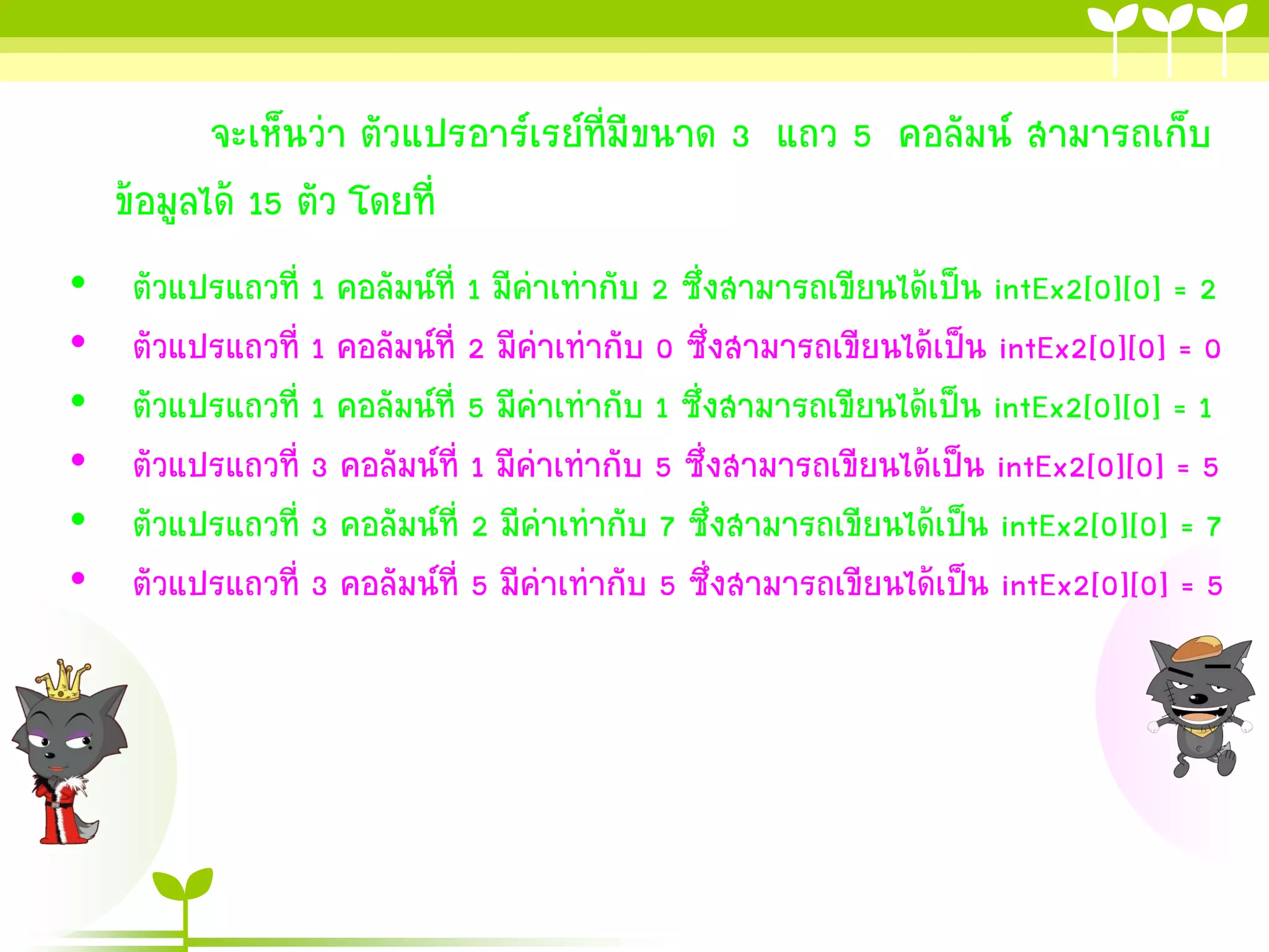 จะเห็นว่า ตัวแปรอาร์เรย์ที่มีขนาด 3 แถว 5 คอลัมน์ สามารถเก็บ
    ข้อมูลได้ 15 ตัว โดยที่
•    ตัวแปรแถวที่ 1 คอลัมน์ที่ 1 มีค่าเท่ากับ 2 ซึ่งสามารถเขียนได้เป็น intEx2[0][0] = 2
•    ตัวแปรแถวที่ 1 คอลัมน์ที่ 2 มีค่าเท่ากับ 0 ซึ่งสามารถเขียนได้เป็น intEx2[0][0] = 0
•    ตัวแปรแถวที่ 1 คอลัมน์ที่ 5 มีค่าเท่ากับ 1 ซึ่งสามารถเขียนได้เป็น intEx2[0][0] = 1
•    ตัวแปรแถวที่ 3 คอลัมน์ที่ 1 มีค่าเท่ากับ 5 ซึ่งสามารถเขียนได้เป็น intEx2[0][0] = 5
•    ตัวแปรแถวที่ 3 คอลัมน์ที่ 2 มีค่าเท่ากับ 7 ซึ่งสามารถเขียนได้เป็น intEx2[0][0] = 7
•    ตัวแปรแถวที่ 3 คอลัมน์ที่ 5 มีค่าเท่ากับ 5 ซึ่งสามารถเขียนได้เป็น intEx2[0][0] = 5
 
