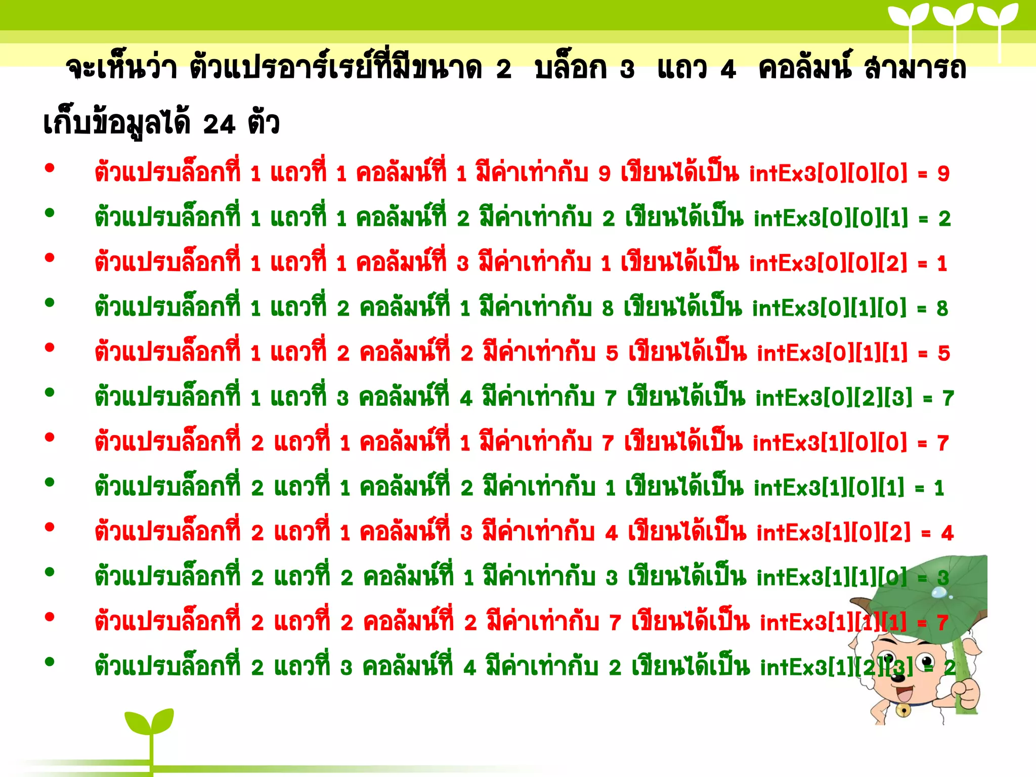 จะเห็นว่า ตัวแปรอาร์เรย์ที่มีขนาด 2 บล็อก 3 แถว 4 คอลัมน์ สามารถ
เก็บข้อมูลได้ 24 ตัว
•   ตัวแปรบล็อกที่ 1 แถวที่ 1 คอลัมน์ที่ 1 มีค่าเท่ากับ 9 เขียนได้เป็น intEx3[0][0][0] = 9
•   ตัวแปรบล็อกที่ 1 แถวที่ 1 คอลัมน์ที่ 2 มีค่าเท่ากับ 2 เขียนได้เป็น intEx3[0][0][1] = 2
•   ตัวแปรบล็อกที่ 1 แถวที่ 1 คอลัมน์ที่ 3 มีค่าเท่ากับ 1 เขียนได้เป็น intEx3[0][0][2] = 1
•   ตัวแปรบล็อกที่ 1 แถวที่ 2 คอลัมน์ที่ 1 มีค่าเท่ากับ 8 เขียนได้เป็น intEx3[0][1][0] = 8
•   ตัวแปรบล็อกที่ 1 แถวที่ 2 คอลัมน์ที่ 2 มีค่าเท่ากับ 5 เขียนได้เป็น intEx3[0][1][1] = 5
•   ตัวแปรบล็อกที่ 1 แถวที่ 3 คอลัมน์ที่ 4 มีค่าเท่ากับ 7 เขียนได้เป็น intEx3[0][2][3] = 7
•   ตัวแปรบล็อกที่ 2 แถวที่ 1 คอลัมน์ที่ 1 มีค่าเท่ากับ 7 เขียนได้เป็น intEx3[1][0][0] = 7
•   ตัวแปรบล็อกที่ 2 แถวที่ 1 คอลัมน์ที่ 2 มีค่าเท่ากับ 1 เขียนได้เป็น intEx3[1][0][1] = 1
•   ตัวแปรบล็อกที่ 2 แถวที่ 1 คอลัมน์ที่ 3 มีค่าเท่ากับ 4 เขียนได้เป็น intEx3[1][0][2] = 4
•   ตัวแปรบล็อกที่ 2 แถวที่ 2 คอลัมน์ที่ 1 มีค่าเท่ากับ 3 เขียนได้เป็น intEx3[1][1][0] = 3
•   ตัวแปรบล็อกที่ 2 แถวที่ 2 คอลัมน์ที่ 2 มีค่าเท่ากับ 7 เขียนได้เป็น intEx3[1][1][1] = 7
•   ตัวแปรบล็อกที่ 2 แถวที่ 3 คอลัมน์ที่ 4 มีค่าเท่ากับ 2 เขียนได้เป็น intEx3[1][2][3] = 2
 