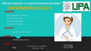 ENFERMERIA CICLO I
ALUMNAS:
 Hoyos Hurtado Luz Valeria
 Medina Tarrillo Lesly
 Antuash Jintash Yady
 Heredia Toro Ana Karin
DOCENTE:
Ing. Marco Porro Chulli
CURSO:
Introducción a las Tic
TEMA:
Blog
“AÑO DEL DIÁLOGO Y LA RECONCILIACIÓN NACIONAL”
BAGUA GRANDE – UTCUBAMBA
AMAZONAS – PERÚ 2018
 