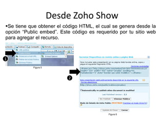 Desde Zoho Show
Se tiene que obtener el código HTML, el cual se genera desde la
opción “Public embed”. Este código es requerido por tu sitio web
para agregar el recurso.



1
           Figura 5



                          2




                                           Figura 6
 