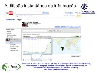 A difusão instantânea da informação




        Cada uma destas ações promove a difusão da informação de modo descentralizado,
            aprofundando as relações entre os profissionais de RH, os consultores, os
                     professores e a ABRH-Nacional, por meio de seu blog.
                                 São ações de relacionamento.
 