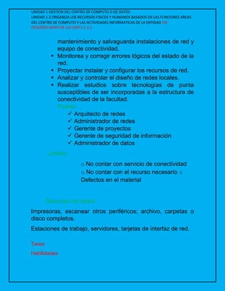 UNIDAD 1 GESTION DEL CENTRO DE COMPUTO O DE DATOS
UNIDAD 1.2 ORGANIZA LOS RECURSOS FISICOS Y HUMANOS BASADOS EN LAS FUNCIONES AREAS
DEL CENTRO DE COMPUTO Y LAS ACTIVIDADES INFORMATICAS DE LA ENTIDAD UN
PEQUEÑO MAPA DE LAS UNIT1.1-1.2
mantenimiento y salvaguarda instalaciones de red y
equipo de conectividad.
 Monitorea y corregir errores lógicos del estado de la
red.
 Proyectar instalar y configurar los recursos de red.
 Analizar y controlar el diseño de redes locales.
 Realizar estudios sobre tecnologías de punta
susceptibles de ser incorporadas a la estructura de
conectividad de la facultad.
Puesto:
 Arquitecto de redes
 Administrador de redes
 Gerente de proyectos
 Gerente de seguridad de información
 Administrador de datos
Limites:
o No contar con servicio de conectividad
o No contar con el recurso necesario o
Defectos en el material
Recursos de redes
Impresoras, escanear otros periféricos; archivo, carpetas o
disco completos.
Estaciones de trabajo, servidores, tarjetas de interfaz de red.
Tarea
Habilidades
 