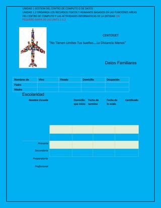UNIDAD 1 GESTION DEL CENTRO DE COMPUTO O DE DATOS
UNIDAD 1.2 ORGANIZA LOS RECURSOS FISICOS Y HUMANOS BASADOS EN LAS FUNCIONES AREAS
DEL CENTRO DE COMPUTO Y LAS ACTIVIDADES INFORMATICAS DE LA ENTIDAD UN
PEQUEÑO MAPA DE LAS UNIT1.1-1.2
CENTERJET
“No Tienen Limites Tus Sueños….La Distancia Menos”
Datos Familiares
Nombres de Vivo Finado Domicilio Ocupación
Padre
Madre
Escolaridad
Nombre Escuela Domicilio Fecha de Fecha de Certificado
que inicio termino lo avala
Primaria
Secundaria
Preparatoria
Profesional
 