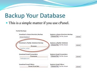 Backup Your Database
 This is a simple matter if you use cPanel.
 