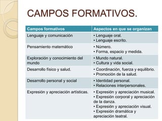 CAMPOS FORMATIVOS.
Campos formativos Aspectos en que se organizan
Lenguaje y comunicación • Lenguaje oral.
• Lenguaje escrito.
Pensamiento matemático • Número.
• Forma, espacio y medida.
Exploración y conocimiento del
mundo
• Mundo natural.
• Cultura y vida social.
Desarrollo físico y salud. • Coordinación, fuerza y equilibrio.
• Promoción de la salud.
Desarrollo personal y social • Identidad personal.
• Relaciones interpersonales.
Expresión y apreciación artísticas. • Expresión y apreciación musical.
• Expresión corporal y apreciación
de la danza.
• Expresión y apreciación visual.
• Expresión dramática y
apreciación teatral.
 