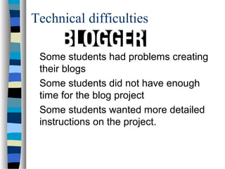 Technical difficulties
Some students had problems creating
their blogs
Some students did not have enough
time for the blog...