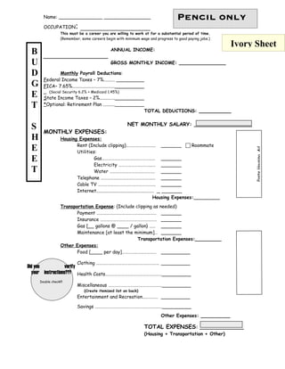 Name: _______________ ________________                                      Pencil only
       OCCUPATION         : _______________
                  This must be a career you are willing to work at for a substantial period of time.
                  (Remember, some careers begin with minimum wage and progress to good paying jobs.)
                                                                                                              Ivory Sheet
 B     ______________________
                                              ANNUAL INCOME:

 U                                            GROSS MONTHLY INCOME: ________________

 D             Monthly Payroll Deductions:
       _ederal Income Taxes – 7%......... __________
       F
 G     _ICA– 7.65%....................................___________
       F
       _ (Social Security 6.2% + Medicaid 1.45%)
 E     _ tate Income Taxes – 2%.............___________
       S
 T     _Optional: Retirement Plan ..........___________
       *
                                                                    TOTAL DEDUCTIONS: ___________

                                                       NET MONTHLY SALARY: __________________
 S     MONTHLY EXPENSES:
 H                Housing Expenses:
                         Rent (Include clipping)………………………. _______  Roommate
 E




                                                                                                                    Paste Housing Ad
                         Utilities:
 E                                Gas…………………………………………… _______




                                                                                                                          Here
                                  Electricity …………………………..… _______
 T                                Water ……………………………………. _______
                         Telephone ………………………………………….… _______
                         Cable TV …………………………………………….… _______
                         Internet................................................. _ _______
                                                                                 Housing Expenses:_________
                  Transportation Expense: (Include clipping as needed)
                         Payment ………………………………………………… _______
                         Insurance ……………………………………………… _______
                         Gas [__ gallons @ ____ / gallon} …… _______
                         Maintenance [at least the minimum]… _______
                                                    Transportation Expenses:_________
                  Other Expenses:
                         Food [____ per day]…………………………… __________
                                                                                                        Paste
                                                                                                        Here

                                                                                                         Car




                           Clothing …………………………………………………… __________
                                                                                                         Ad




Did you            verify
  your instructions??? Health Costs………………………………………………__________
     Double check!!!
                           Miscellaneous ……………………………………………__________
                               (Create itemized list on back)
                           Entertainment and Recreation…………… __________

                           Savings ……………………………………………………….__________
                                                                           Other Expenses: __________

                                                                    TOTAL EXPENSES: _______________
                                                                    (Housing + Transportation + Other)
 