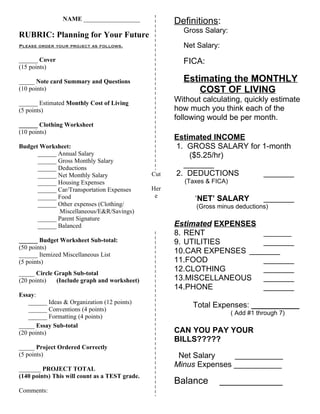 NAME __________________               Definitions:
                                                        Gross Salary:
RUBRIC: Planning for Your Future
Please order your project as follows.                   Net Salary:
______ Cover                                            FICA:
(15 points)

_____ Note card Summary and Questions                   Estimating the MONTHLY
(10 points)                                                 COST OF LIVING
______ Estimated Monthly Cost of Living
                                                      Without calculating, quickly estimate
(5 points)                                            how much you think each of the
                                                      following would be per month.
______ Clothing Worksheet
(10 points)
                                                      Estimated INCOME
Budget Worksheet:                                     1. GROSS SALARY for 1-month
      ______ Annual Salary                                ($5.25/hr)
      ______ Gross Monthly Salary
      ______ Deductions
                                                        _______
      ______ Net Monthly Salary                 Cut   2. DEDUCTIONS       _______
      ______ Housing Expenses                            (Taxes & FICA)
      ______ Car/Transportation Expenses        Her
      ______ Food                                e
                                                            ‘NET’ SALARY             _______
      ______ Other expenses (Clothing/                      (Gross minus deductions)
             Miscellaneous/E&R/Savings)
      ______ Parent Signature
      ______ Balanced                                 Estimated EXPENSES
                                                      8. RENT            ________
______ Budget Worksheet Sub-total:                    9. UTILITIES       _______
(50 points)
______ Itemized Miscellaneous List
                                                      10.CAR EXPENSES _______
(5 points)                                            11.FOOD            _______
_____ Circle Graph Sub-total
                                                      12.CLOTHING        _______
(20 points)   (Include graph and worksheet)           13.MISCELLANEOUS   _______
                                                      14.PHONE           _______
Essay:
    ______ Ideas & Organization (12 points)
    ______ Conventions (4 points)
                                                           Total Expenses: ___________
                                                                          ( Add #1 through 7)
    ______ Formatting (4 points)
_____ Essay Sub-total
(20 points)                                           CAN YOU PAY YOUR
                                                      BILLS?????
_____ Project Ordered Correctly
(5 points)                                             Net Salary    ___________
_______ PROJECT TOTAL
                                                      Minus Expenses ___________
(140 points) This will count as a TEST grade.
                                                      Balance       ____________
Comments:
 