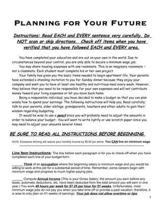 Planning for Your Future
 Instructions: Read EACH and EVERY sentence very carefully. Do
   NOT scan or skip directions. Check off items when you have
      verified that you have followed EACH and EVERY area.

     You have completed your education and are out on your own in the world. Due to
circumstances beyond your control, you are only able to secure a minimum wage job.
     You may share housing expenses with one roommate. This is an imaginary roommate –
not a classmate. Each student must complete his or her own project.
     Your family has given you the basic items needed to begin apartment life. Your parents
have extended a standing invitation to you for Sunday dinner because they enjoy your
company and want you to have at least one healthy and nutritious meal every week. However,
they believe that you need to be responsible for your own expenses and will not contribute
money toward your living expenses or let you move back home.
     Being a responsible individual, you have decided to make a budget so that you can plan
wisely how to spend your earnings. The following instructions will help you. Read carefully;
talk to your parents, older siblings, grandparents, teachers and other adults to gain their
wisdom regarding budgeting.
     It would be wise to use a pencil since you will probably need to adjust the amounts in
order to balance your budget. You will want to write lightly or use scratch paper since you
may need to adjust your amounts several times.


BE SURE TO READ ALL INSTRUCTIONS BEFORE BEGINNING.
NOTE: Excessive whining will reduce your monthly income by $5.00 per whine.   You CAN live on minimum wage.
      ----------------------------------------------------------------------------------------------------

Line Item Instructions: The line before each paragraph is for you to check-off when you have
completed each line of your budget form.

______ Think of an occupation where the beginning salary is minimum wage and you would be
willing to work at this job for a substantial period of time. Remember, some careers begin with
minimum wage and progress to much higher paying jobs.

______ Compute Annual Income (This is your Gross Salary; the amount you earn before any
taxes, automatic deductions, etc. have been deducted from the total amount you will earn in one
year.) You work 40 hours per week for $7.25 per hour for 51 weeks. Unfortunately, most
minimum wage jobs do not pay you when you take time off or provide a paid vacation; therefore, it
is wise to only plan on 51 weeks of earnings. Your job does not allow overtime or tips.
                                                                                                1
 