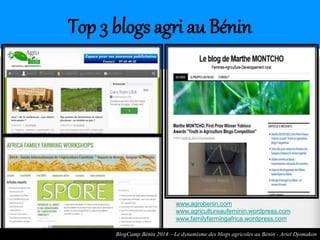 Top 3 blogs agri au Bénin 
www.agrobenin.com 
www.agricultureaufeminin.wordpress.com 
www.familyfarmingafrica.wordpress.com 
BlogCamp Bénin 2014 – Le dynamisme des blogs agricoles au Bénin - Ariel Djomakon 
 