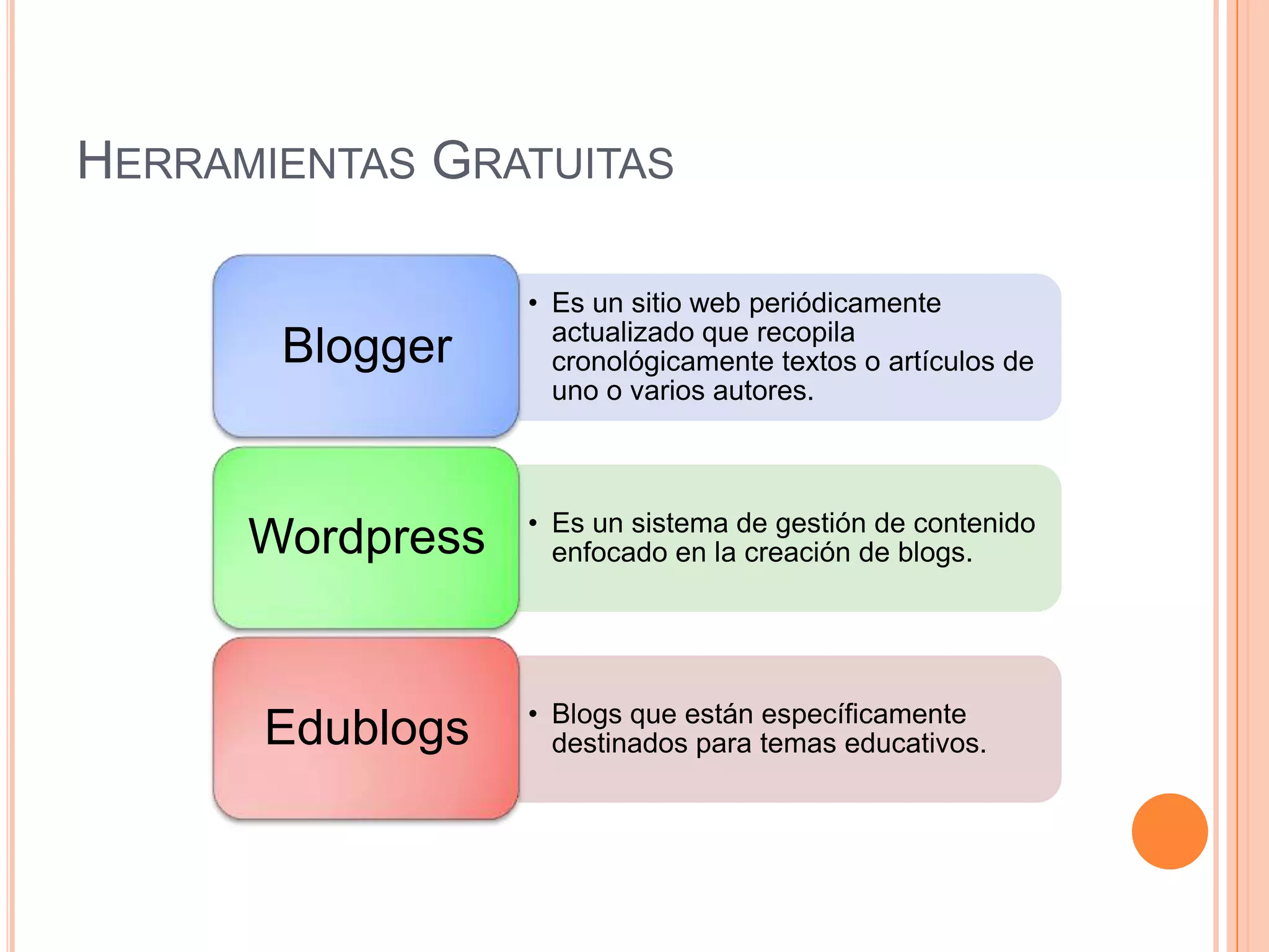 HERRAMIENTAS GRATUITAS

                  • Es un sitio web periódicamente
                    actualizado que recopila
       Blogger      cronológicamente textos o artículos de
                    uno o varios autores.



                  • Es un sistema de gestión de contenido
      Wordpress     enfocado en la creación de blogs.




                  • Blogs que están específicamente
      Edublogs      destinados para temas educativos.
 