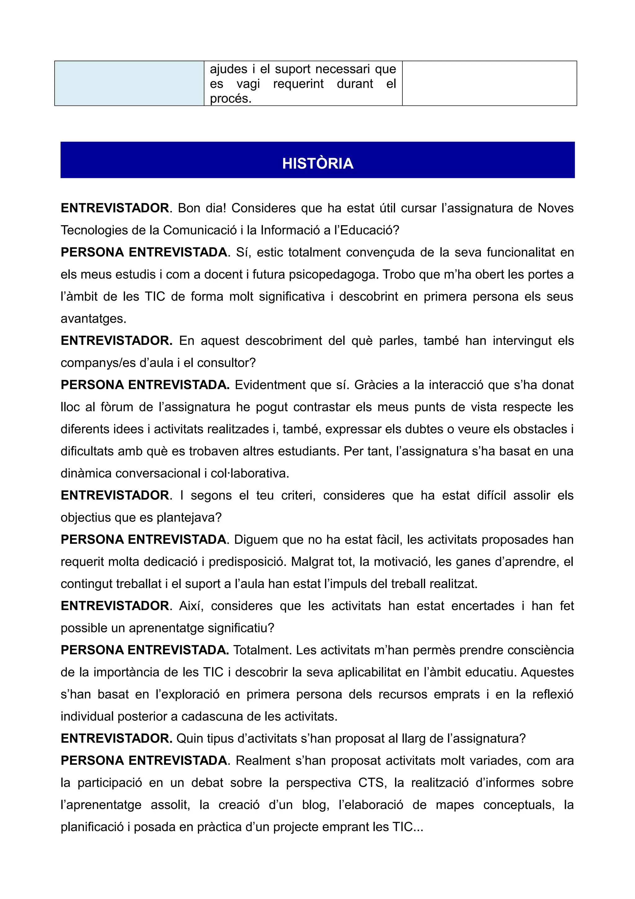 ajudes i el suport necessari que
                             es vagi requerint durant el
                             procés.




                                           HISTÒRIA

ENTREVISTADOR. Bon dia! Consideres que ha estat útil cursar l’assignatura de Noves
Tecnologies de la Comunicació i la Informació a l’Educació?
PERSONA ENTREVISTADA. Sí, estic totalment convençuda de la seva funcionalitat en
els meus estudis i com a docent i futura psicopedagoga. Trobo que m’ha obert les portes a
l’àmbit de les TIC de forma molt significativa i descobrint en primera persona els seus
avantatges.
ENTREVISTADOR. En aquest descobriment del què parles, també han intervingut els
companys/es d’aula i el consultor?
PERSONA ENTREVISTADA. Evidentment que sí. Gràcies a la interacció que s’ha donat
lloc al fòrum de l’assignatura he pogut contrastar els meus punts de vista respecte les
diferents idees i activitats realitzades i, també, expressar els dubtes o veure els obstacles i
dificultats amb què es trobaven altres estudiants. Per tant, l’assignatura s’ha basat en una
dinàmica conversacional i col·laborativa.
ENTREVISTADOR. I segons el teu criteri, consideres que ha estat difícil assolir els
objectius que es plantejava?
PERSONA ENTREVISTADA. Diguem que no ha estat fàcil, les activitats proposades han
requerit molta dedicació i predisposició. Malgrat tot, la motivació, les ganes d’aprendre, el
contingut treballat i el suport a l’aula han estat l’impuls del treball realitzat.
ENTREVISTADOR. Així, consideres que les activitats han estat encertades i han fet
possible un aprenentatge significatiu?
PERSONA ENTREVISTADA. Totalment. Les activitats m’han permès prendre consciència
de la importància de les TIC i descobrir la seva aplicabilitat en l’àmbit educatiu. Aquestes
s’han basat en l’exploració en primera persona dels recursos emprats i en la reflexió
individual posterior a cadascuna de les activitats.
ENTREVISTADOR. Quin tipus d’activitats s’han proposat al llarg de l’assignatura?
PERSONA ENTREVISTADA. Realment s’han proposat activitats molt variades, com ara
la participació en un debat sobre la perspectiva CTS, la realització d’informes sobre
l’aprenentatge assolit, la creació d’un blog, l’elaboració de mapes conceptuals, la
planificació i posada en pràctica d’un projecte emprant les TIC...
 