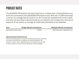 PODCAST RATES
The BLOGCAST FM podcast has been featured on multiple sites including Stitcher.com
and is the cornerstone of...